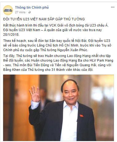 Thông báo từ fanpage Thông tin Chính phủ về việc đón tiếp đội U23 Việt Nam-1