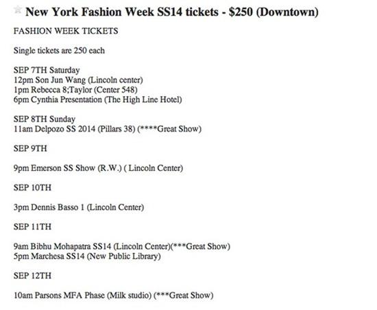 Những lời chào bán vé xem fashion week hấp dẫn với giá “bèo” đầy rẫy trên trang web Craigslist. 