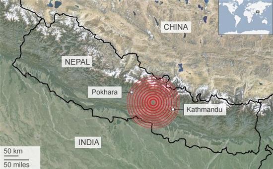 Tâm chấn của động đất nằm tại khu vực giữa thủ đô Kathmandu và thành phố Pokhara (Đồ họa: