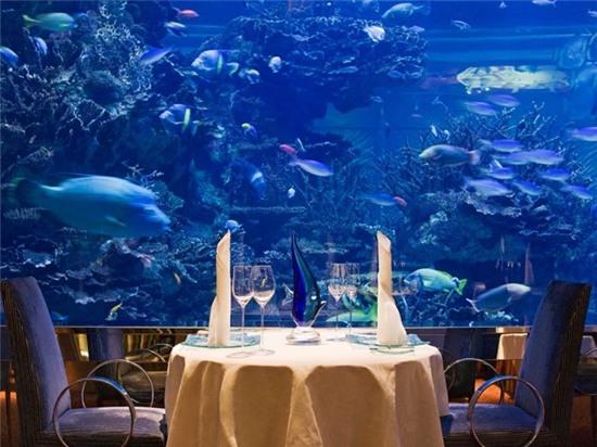 Ở chính giữa nhà hàng là một bể cá khổng lồ với đủ loại cá, các bàn ăn xếp xung quanh.
