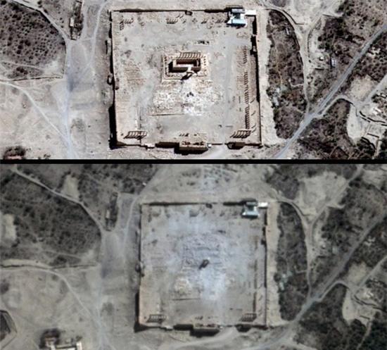 Hai tấm hình trước (ảnh trên) và sau chụp đền Bel ở Syria từ vệ tinh. Những chiến binh Nhà nước Hồi giáo (IS) tự xưng đã phá hủy gần như toàn bộ ngôi đền từ thời La Mã.