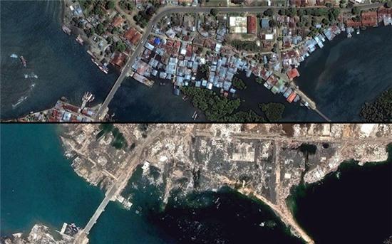Ảnh chụp vệ tinh vùng bờ biển phía bắc tỉnh Banda Aceh vào thời điểm trước (ảnh trên) và sau khi sóng thần Ấn Độ Dương đánh vào đây.