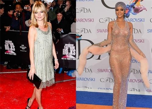 Kate Moss (trái) và Rihanna đều gây ấn tượng bằng những bộ váy pha lê.