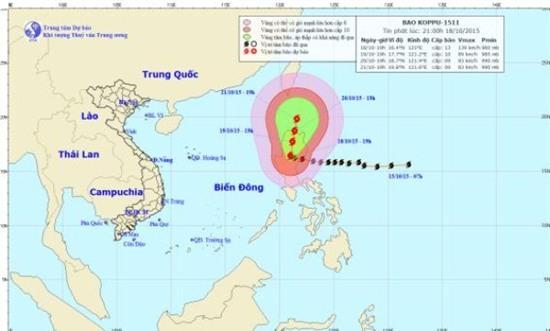 Ngày 19.10: Bão Koppu giật cấp 14 trên đất liền Philippines, giật cấp 9-10 trên biển Đông