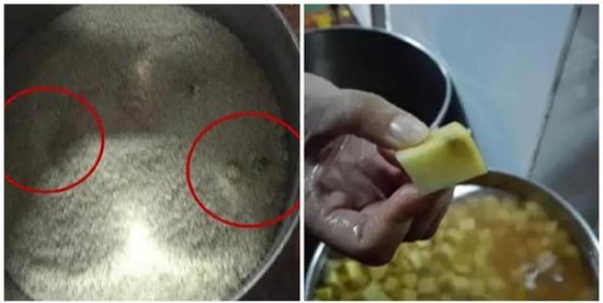  Một phụ huynh đã chụp lại hình ảnh thùng gạo bị mốc của trường và miếng khoai tây đã bị nảy mầm vẫn được nấu lên cho trẻ ăn. 
