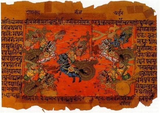  Bản thảo minh họa trận chiến trên không của Kurukshetra giữa Kauravas và Pandavas, ghi lại trong sử thi Mahabharata. 