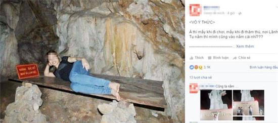 Nằm tạo dáng ở di tích lịch sử cô gái trẻ nhận mưa gạch đá