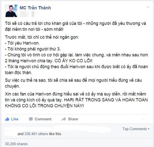 Những lần Trấn Thành - Hari Won công khai thể hiện tình cảm qua mạng xã hội 6
