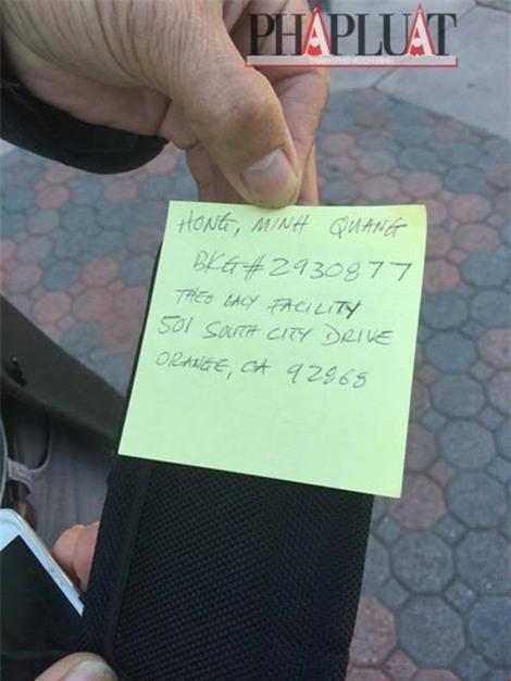 Địa chỉ cảnh sát trại giam ghi để chuyển đồ vào cho Minh Béo. Hình: Trung Dương