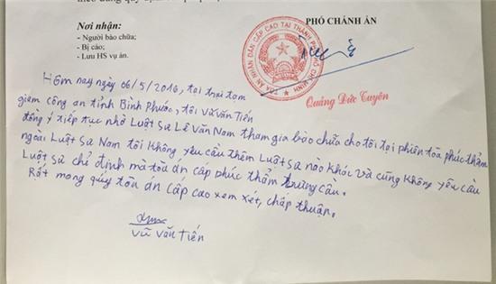  Phúc thẩm vụ thảm án ở Bình Phước: Vũ Văn Tiến viết yêu cầu người bào chữa - Ảnh 1.
