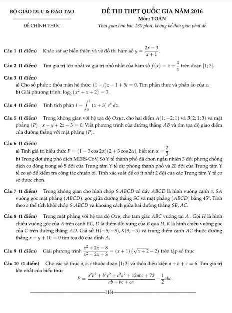 Đề thi môn toán, đề thi tốt nghiệp, đề thi môn toán thpt quốc gia 2016, kỳ thi THPT quốc gia 2016, đề thi đại học, đề thi tốt nghiệp môn toán