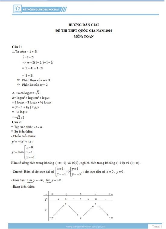 Đáp án đề thi môn toán 2016, kỳ thi THPT Quốc gia năm 2016, đáp án môn toán, đáp án đề thi môn toán, đáp án tốt nghiệp môn toán