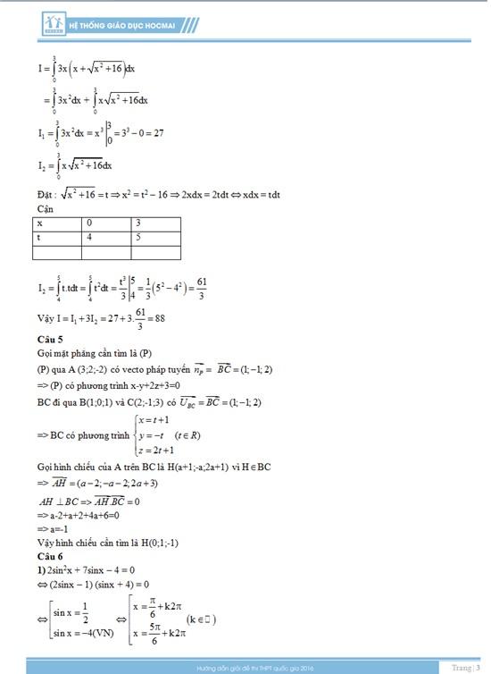 Đáp án đề thi môn toán 2016, kỳ thi THPT Quốc gia năm 2016, đáp án môn toán, đáp án đề thi môn toán, đáp án tốt nghiệp môn toán