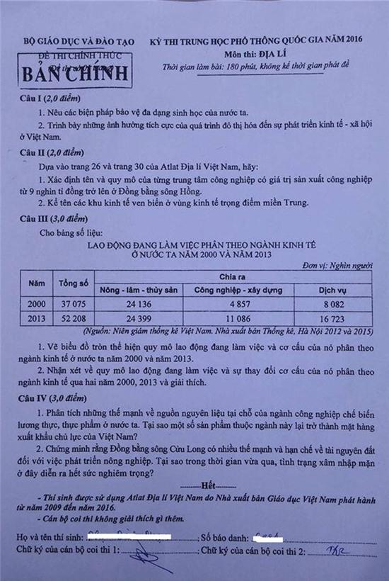 đáp án địa lý, đáp án môn địa lý, đáp án đề thi địa lý, đáp án địa lý THPT quốc gia 2016, đáp án địa lý 2016, kỳ thi THPT quốc gia 2016