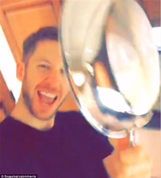 Flash in the pan:&nbsp;Rocking out with a frying pan, the 32-year-old Scottish DJ seemed in great spirits as he mouthed: 'Wifey gonna kill me, she the female OJ'