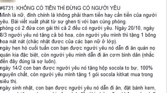 Nữ sinh tuyên bố 'không có tiền thì đừng có người yêu'