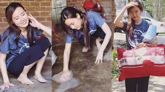 Midu chân trần, ngồi bệt dưới nền lau nhà cho người nghèo