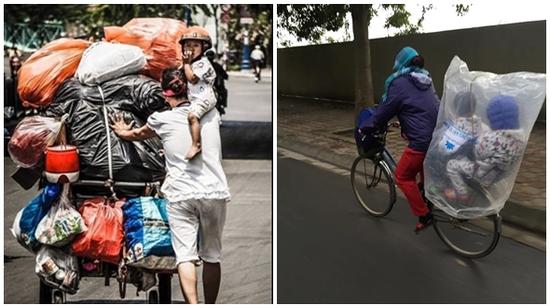 Mẹ cho con ngồi trên vai, đẩy xe đồng nát