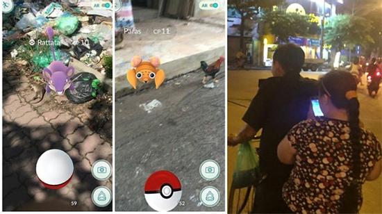Chồng đèo vợ bằng xe đạp đi bắt Pokemon trên phố