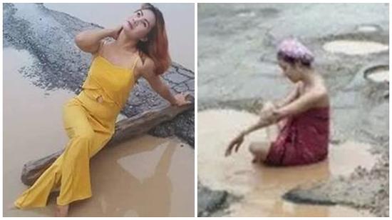 Thái Lan: Nhiều cô gái trẻ đổ xô đi tắm trong vũng nước mưa giữa đường