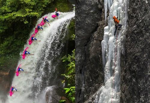 Ben Marr (ảnh trái), với khoảnh khắc chèo thuyền ở thác nước tại Vera Cruz, Mexico. Trong khi đó, một nhà leo núi chinh phục Spada Nella Roccia thuộc dãy núi Dolomites, Italia. Đây là một trong những chặng leo được đánh giá khó khăn nhất thế giới.