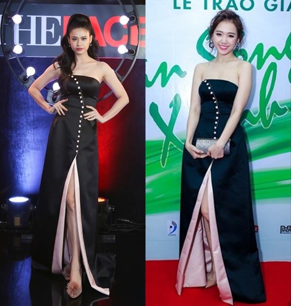 Trước đó, Trương Quỳnh Anh cũng diện bộ váy này với hình ảnh ngọt ngào, cuốn hút không kém. Theo vào kiểu tóc đánh xù của Hari, Trương Quỳnh Anh lại chọn kiểu buộc cao đuôi ngựa, uốn xoăn hiện đại.