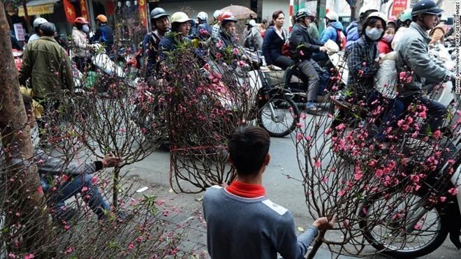 Chợ hoa Quảng Bá tại thủ đô Hà Nội (Việt Nam) những ngày cuối năm luôn đông đúc, bởi hoa là vật không thể thiếu trong mỗi gia đình Việt dịp Tết. Người mua cố gắng tìm những cành đào hoặc mai vàng bắt mắt nhất. Không khí đón xuân tràn ngập trên các nẻo đường. Ảnh: CNN.