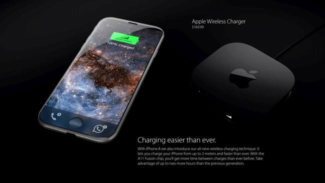 Dựa trên những tin đồn, nhà thiết kế Handy Abovergleich đã tạo ra một mẫu iPhone 8 concept siêu đẹp, tích hợp sạc nhanh, sạc không dây cho phép sạc trong bán kính 3m, với giá phụ kiện là 169,99 USD.