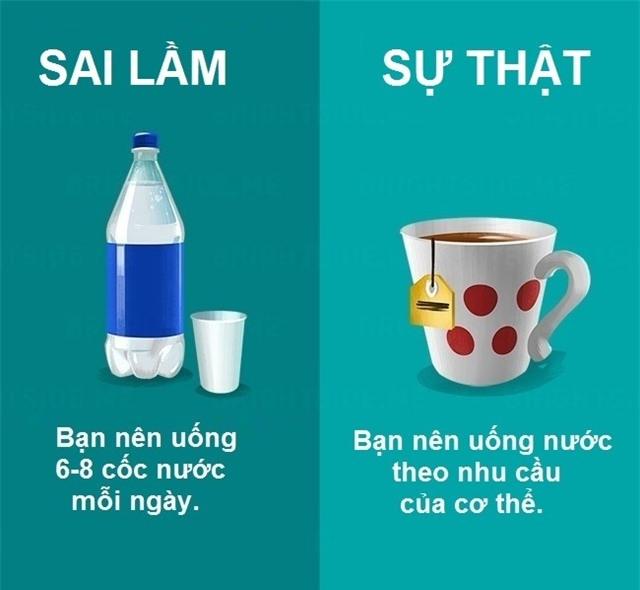 Những lợi ích của nước thường được phóng đại, nói rằng phải uống 2-3 lít mỗi ngày. Điều này là không chính xác về mặt y khoa. Nếu uống quá nhiều nước, thận phải làm việc khó khăn để bài tiết nước tiểu. Bạn phải đổ mồ hôi nhiều hơn và càng đổ mồ hôi nhiều lại càng phải uống nhiều nước. Các cơ quan an toàn thực phẩm châu Âu khuyên phụ nữ nên uống khoảng 1,6 lít nước và nam giới nên uống khoảng 2 lít nước mỗi ngày. Tuy nhiên, lượng chất lỏng mỗi người cần phải uống sẽ khác nhau tùy thuộc vào các yếu tố như thời tiết, những vận động cơ thể mà người đó thực hiện.