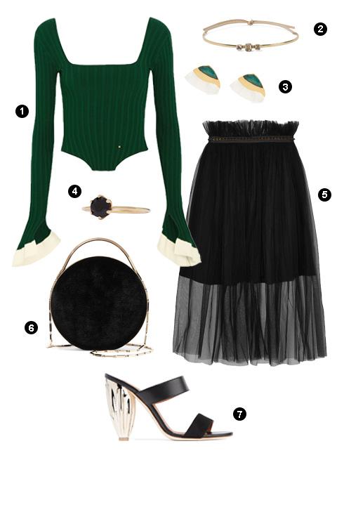 1. Esteban Cortazar, 2. Dây choker Cornelia Webb, 3. Khuyên tai Katerina Makriyianni, 4. Nhẫn Sarah & Sebastian, 5. Mother of Pearl, 6. Eddie Borgo, 7. Malone Souliers.