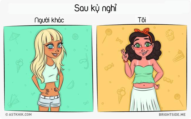 7. Nhiều lúc tự hỏi, "người ta" có phải là những người sống trong truyền thuyết? Người ta thì đẹp xinh rạng ngời sau những kỳ nghỉ lễ. Còn tôi thì vừa đen, vừa xấu, vừa bẩn và vừa béo lên...