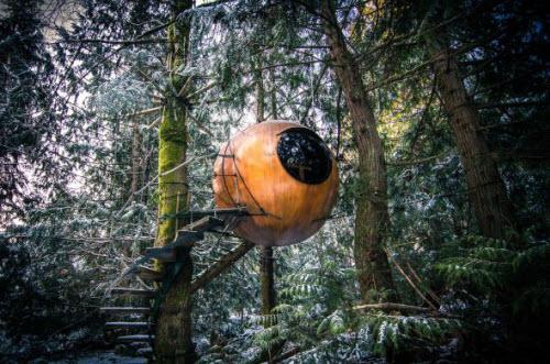 6. Free Spirit Spheres: Vancouver Island, Canada - Nhà phát minh Tom Chudleigh đã tạo ra những quả cầu gỗ khổng lồ nay như một giải pháp giúp bảo vệ con người khỏi các thảm họa thiên nhiên. Cấu trúc được treo lơ lửng ở giữa các cây lớn và giữ ổn định bằng hệ thống dây cáp.