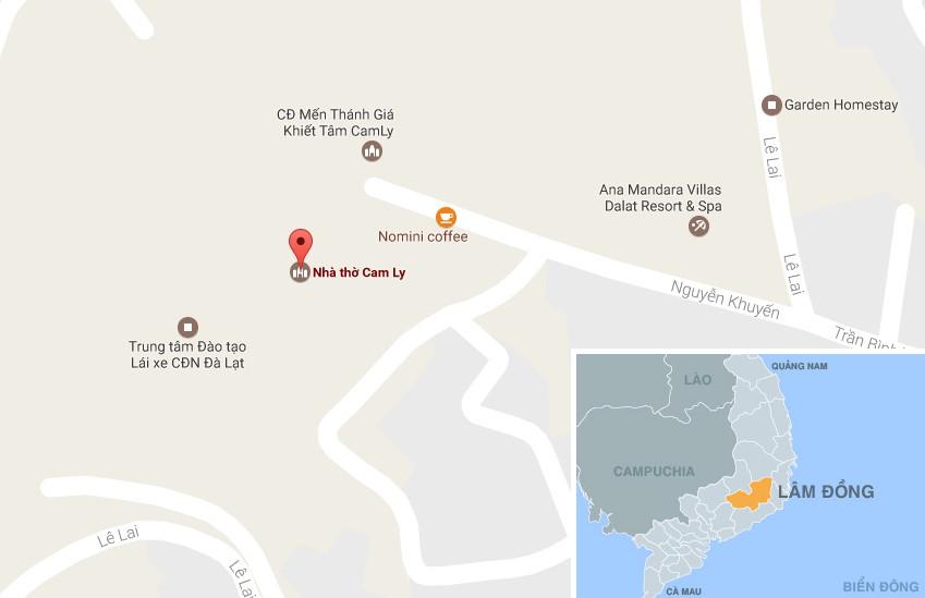 Nhà thờ Cam Ly (chấm đỏ) trên bản đồ. Ảnh: Google Map.