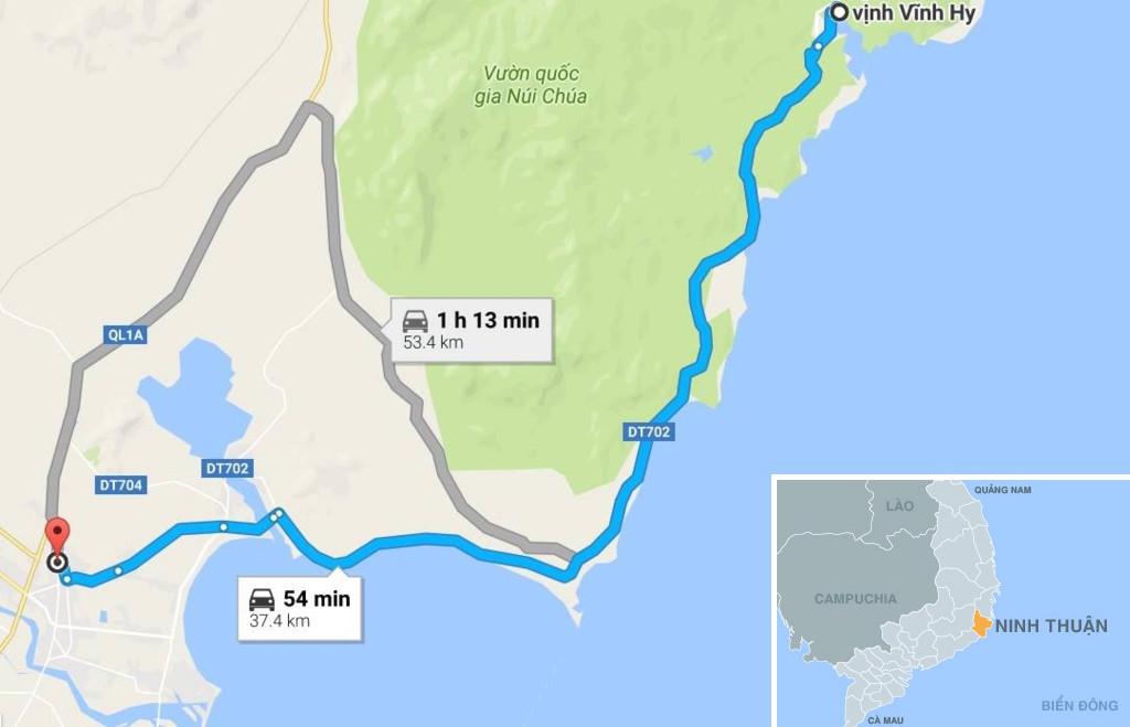 Cung đường tôi lựa chọn để khám phá vẻ đẹp Phan Rang - Tháp Chàm dài khoảng 70 km, đi theo quốc lộ 1A, và tỉnh lộ 702. Ảnh: Google Maps.