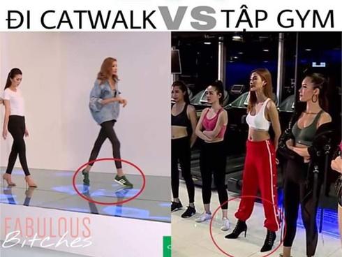 Hoàng Thùy lộ thẩm mỹ kém khi đi boots cao gót thị phạm quay clip thể thao