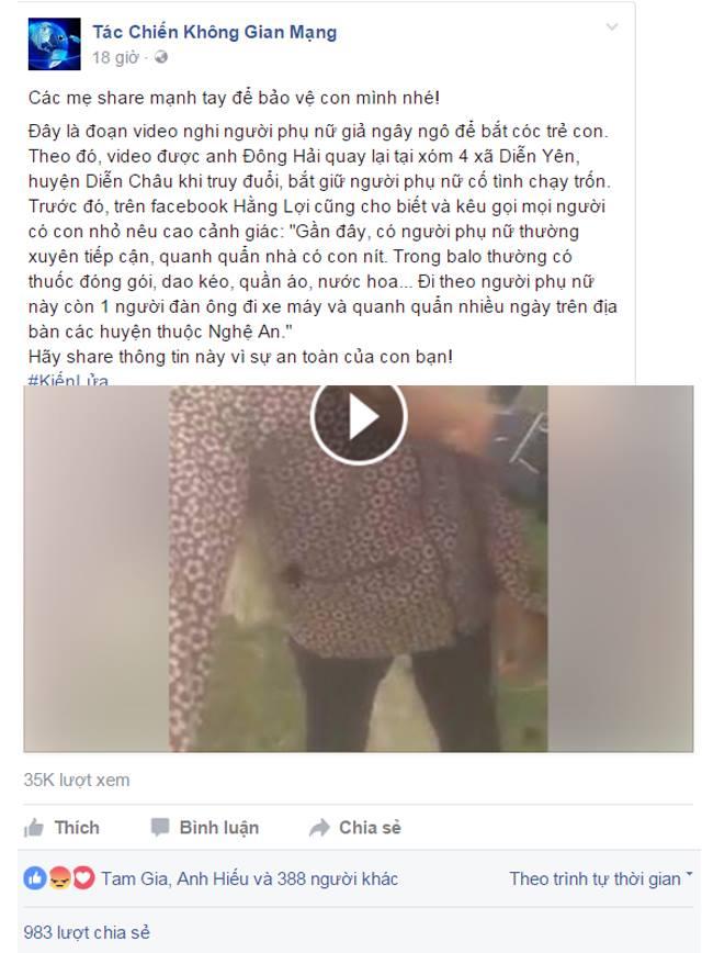 Công an bác thông tin người phụ nữ giả ngây ngô bắt cóc trẻ em ở Nghệ An.