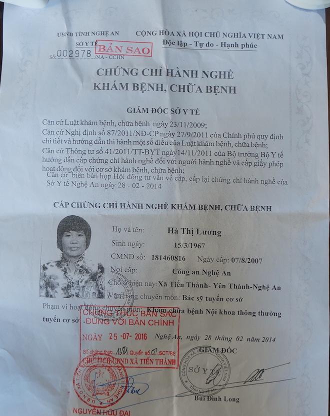 Chứng chỉ hành nghề khám chữa bệnh của bà Lương.