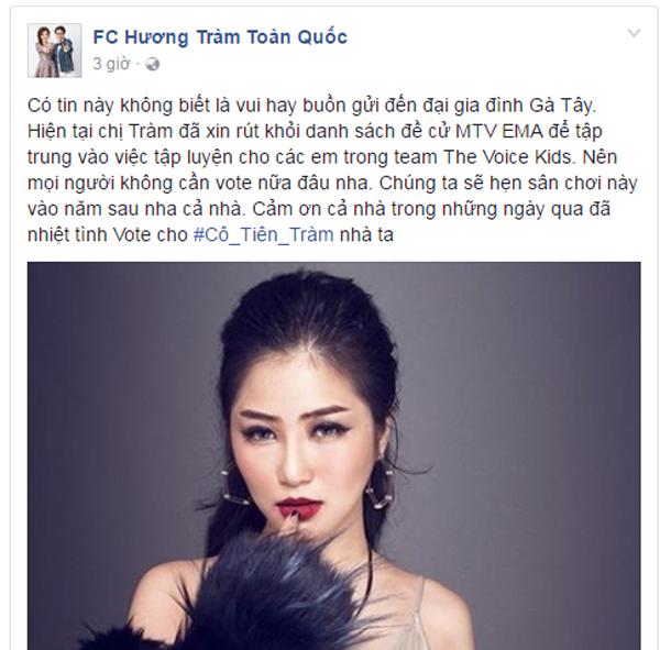 Hương Tràm rút khỏi cuộc đua MTV EMA để tập trung cho 'Giọng hát Việt nhí'-2