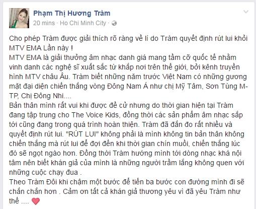 Hương Tràm rút khỏi cuộc đua MTV EMA để tập trung cho 'Giọng hát Việt nhí'-4