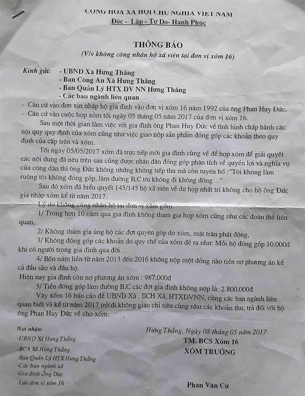 Chuyện hy hữu: Không nộp đủ tiền, một hộ dân bị xóm trưởng tổ chức khai trừ-1