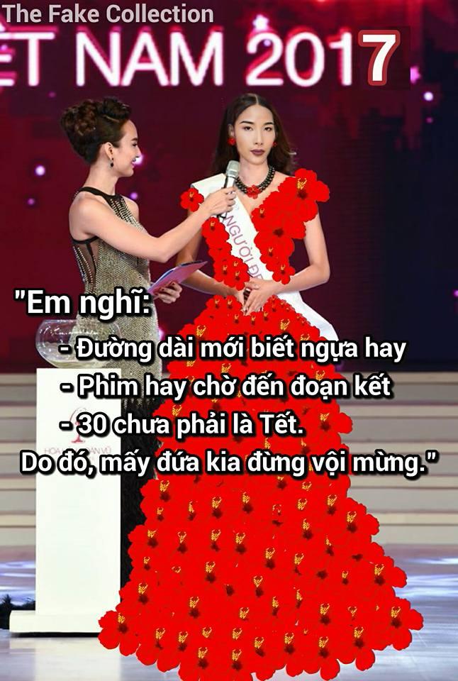 Ảnh chế Hoàng Thùy thi Hoa hậu Hoàn vũ Việt Nam mặc váy hoa dâm bụt và ứng xử bằng ca dao-7