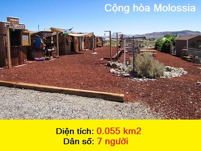 Cộng hòa Molossia là vùng lãnh thổ rất nhỏ  ở bang Nevada, Mỹ. Nơi đây cũng có quốc ca, quốc kỳ, biểu tượng riêng và hộ chiếu riêng. Dân số ở đây chỉ có các thành viên gia đình Kevin Baugh cùng 3 con chó, 1 con mèo và 1 con thỏ.