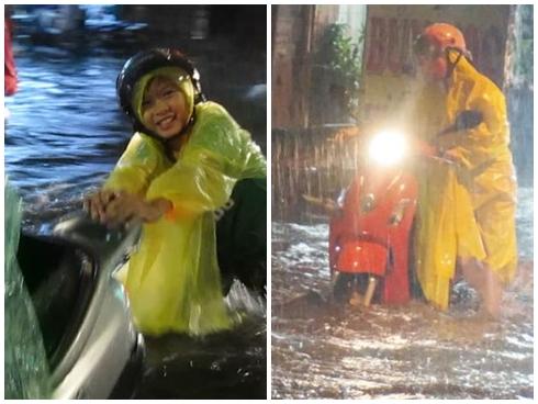 Mưa như thác đổ, đường Sài Gòn thành sông, xe cộ chết máy la liệt