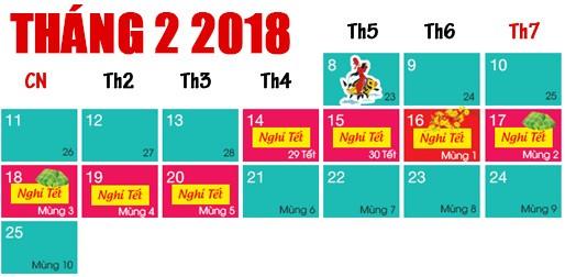 Bộ LĐTB&XH chốt phương án nghỉ Tết Nguyên Đán 2018: nghỉ 7 ngày liên tục từ ngày 14/2/2018 đến hết ngày 20/2/2018 dương lịch (tức ngày 29 tháng Chạp đến mùng 5 tháng Giêng). Theo dự kiến, lịch nghỉ Tết sẽ được thông qua trong tháng 11.