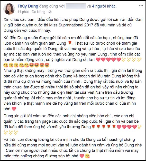 Hoa hậu Thùy Dung chính thức thông báo hủy thi Miss Supranational 2017-2