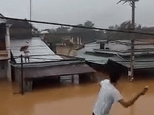 Người dân Quảng Nam đứng trên nóc nhà tiếp tế mì tôm cho nhau giữa ngày bão
