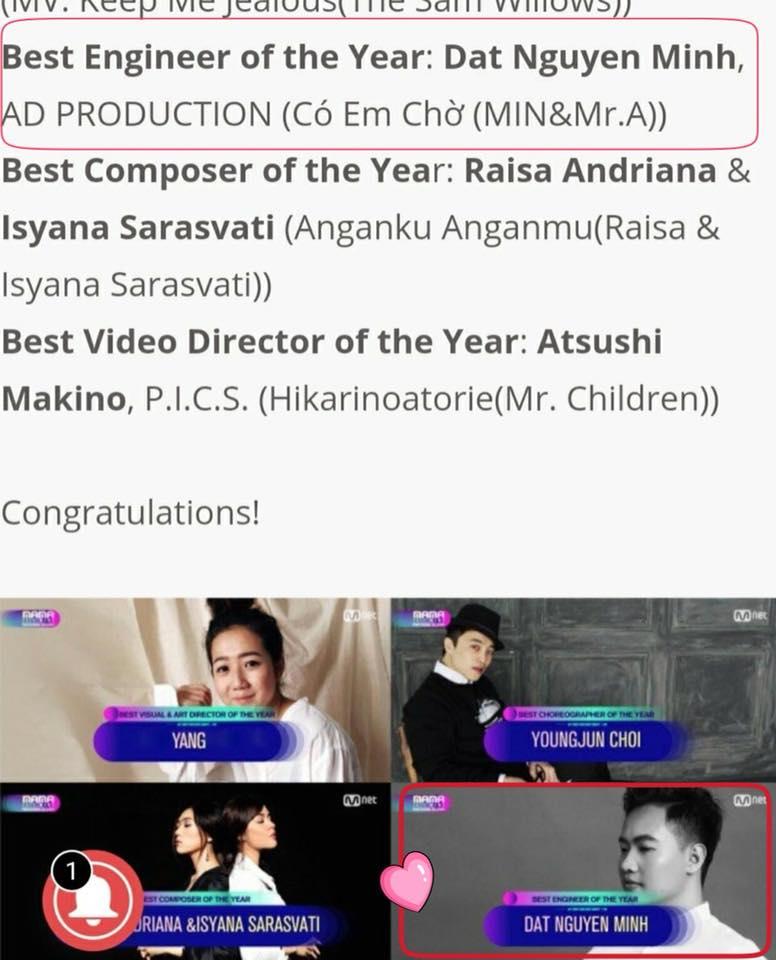 Có em chờ của Min thắng giải kỹ sư âm nhạc của năm tại MAMA 2017-1