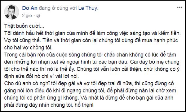 Ông xã Lê Thúy bức xúc khi bị chế giễu: Vợ đẹp trai, chồng xinh gái-2