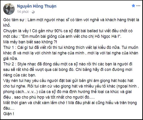 Nguyễn Hồng Thuận than khổ khi 90% ca sĩ đặt hàng đều yêu cầu phải giống như viết cho Hà Hồ-2