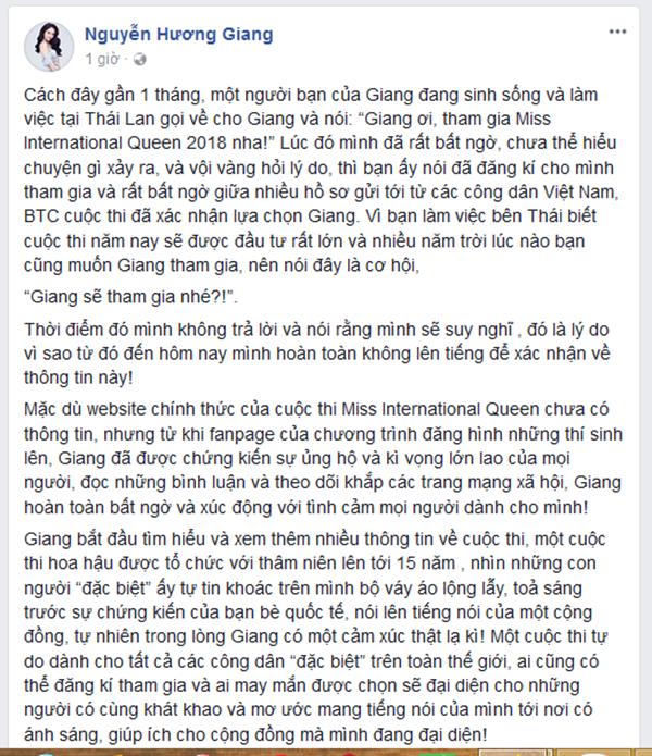 Hương Giang Idol xác nhận dự thi Hoa hậu Chuyển giới Quốc tế 2018-2